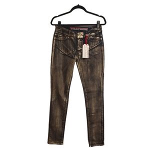 STANDARDS & PRACTICES Gold Post Metallic Print Blue Skinny Pants 26 NWT